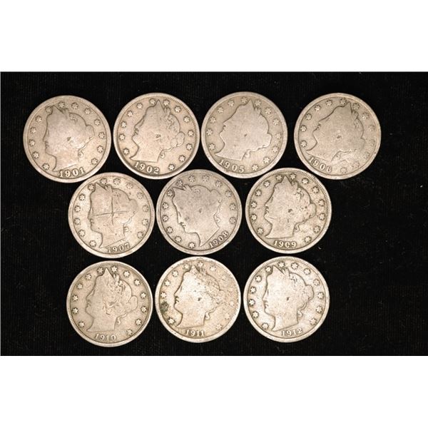 10 LIBERTY "V" NICKELS: 1900-1912