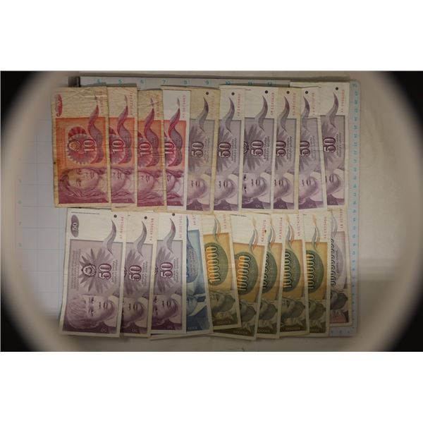 20 YUGOSLAVIAN BILLS: 4-1993 TEN DINARA, 9-1990