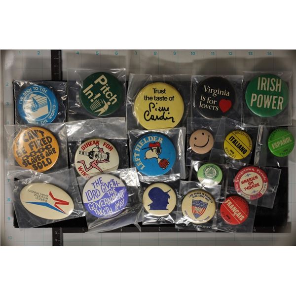18 ASSORTED VINTAGE BUTTONS: SNOOPY, AMERICA ON