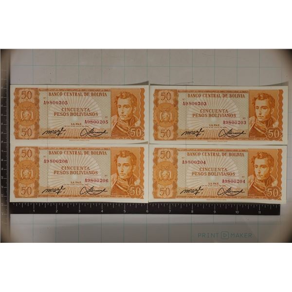 4-1962  BOLIVIA 50 SUCRES CRISP UNC BILLS WITH