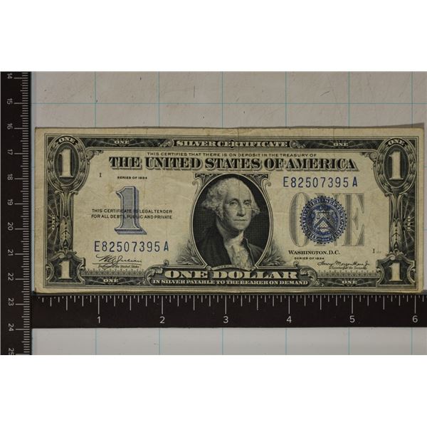 1934 US $1 SILVER CERT "FUNNY BACK" BLUE SEAL