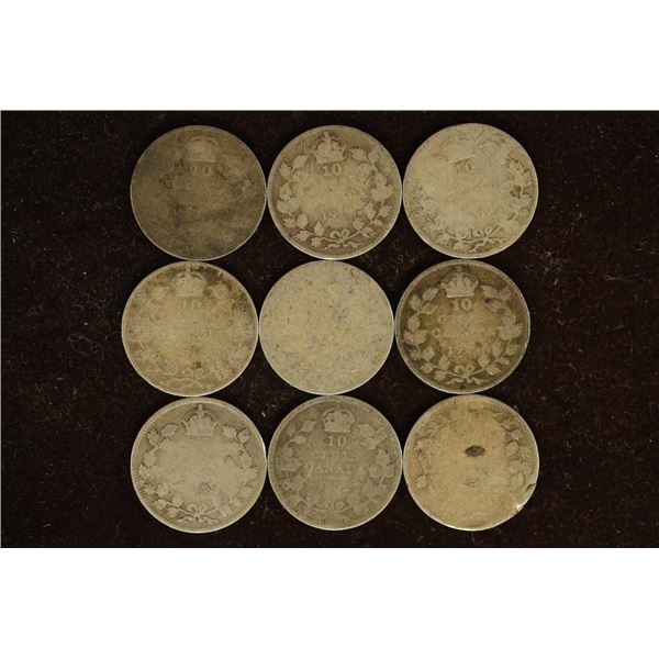 9 CANADA SILVER 10 CENT COINS: 1902, 1909, 1910,