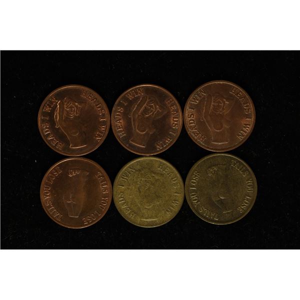 6 ADULT THEMED FLIPPER TOKENS: HEADS I WIN ON OBV.