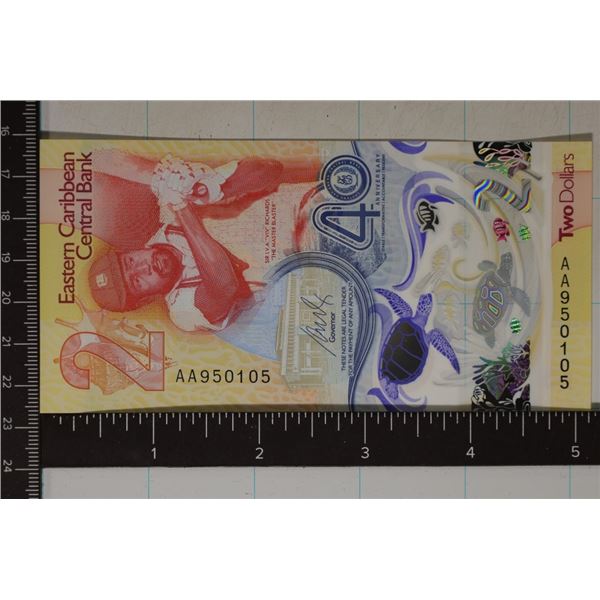 EASTERN CARIBBEAN $2 BILL CRISP UNC POLYMER