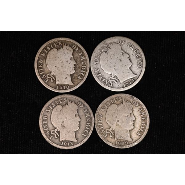1909, 1913, 1914 & 1916 SILVER BARBER DIMES