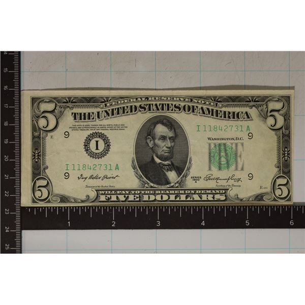 1950-A US $5 FRN, GREEN SEAL. CRISP AU