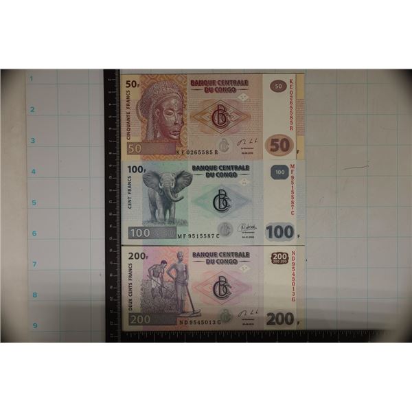 3 CENTRAL CONGO CRISP UNC BILLS: 2013 FIFTY