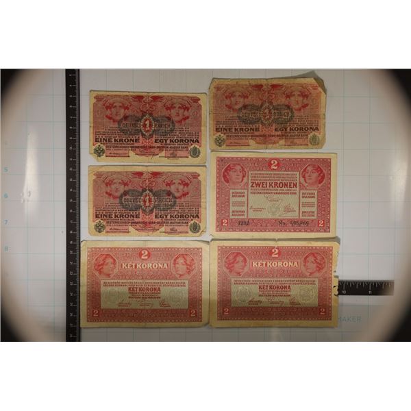 6 AUSTRIA BILLS" 3-1916 ONE KORONA & 3-1917 TWO