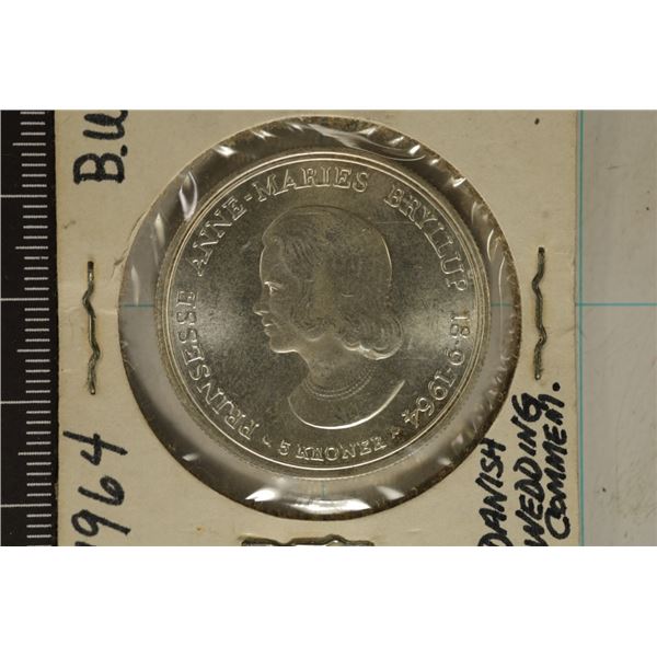 1964 DENMARK SILVER UNC 5 KRONER COIN .4372 OZ ASW