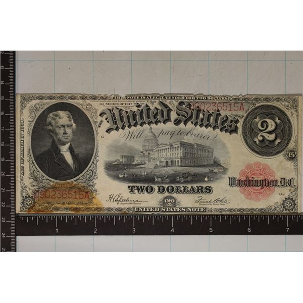 1917 US $2 LARGE SIZE RED SEAL NOTE.  STAIN ON