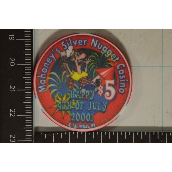 $5 MAHONEY'S SILVER NUGGET CASINO CHIP. 2000 HAPPY