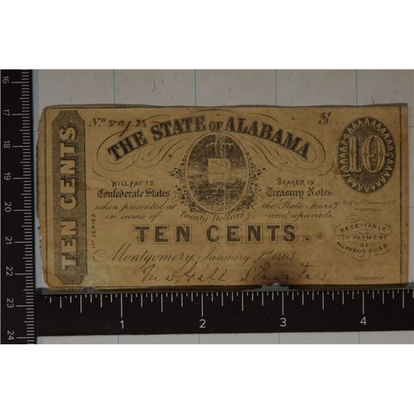 1863 STATE OF ALABAMA 10 CENT FRACTIONAL CURRENCY