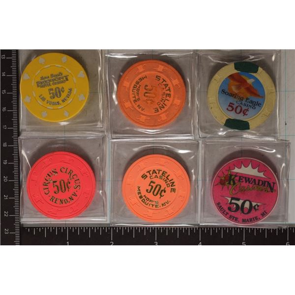 6-50 CENT PLASTIC CASINO CHIPS:KEWADIN, SOARING