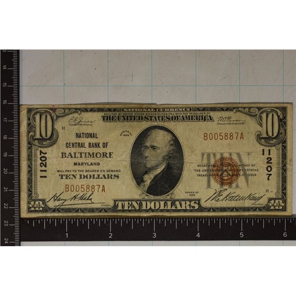 1929 US $10 NATIONAL CURRENCY, BROWN SEAL