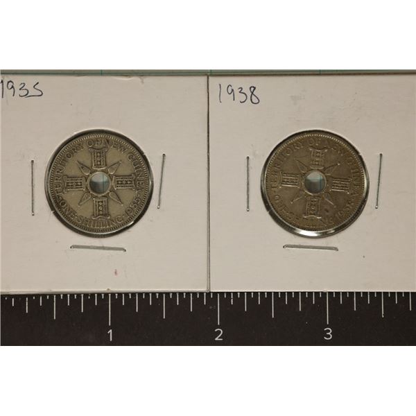 1935  & 1938 NEW GUINEA SILVER 1 SHILLING COINS