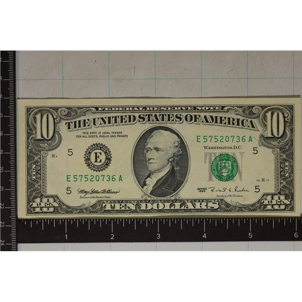 1995 US $10 FRN, GREEN SEAL.  CRISP UNC