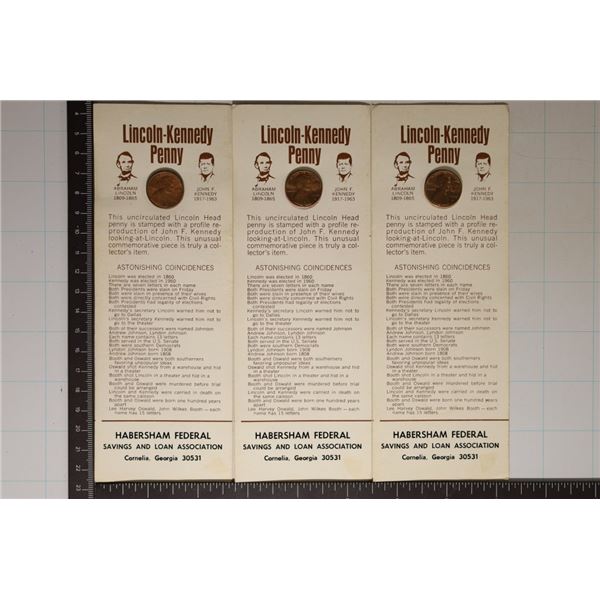 3 LINCOLN-KENNEDY PENNYS ON CARDS COINS ARE