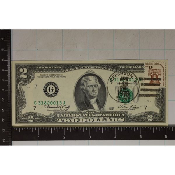 1976 US $2 FRN CRISP UNC WITH 13 CENT POSTAGE