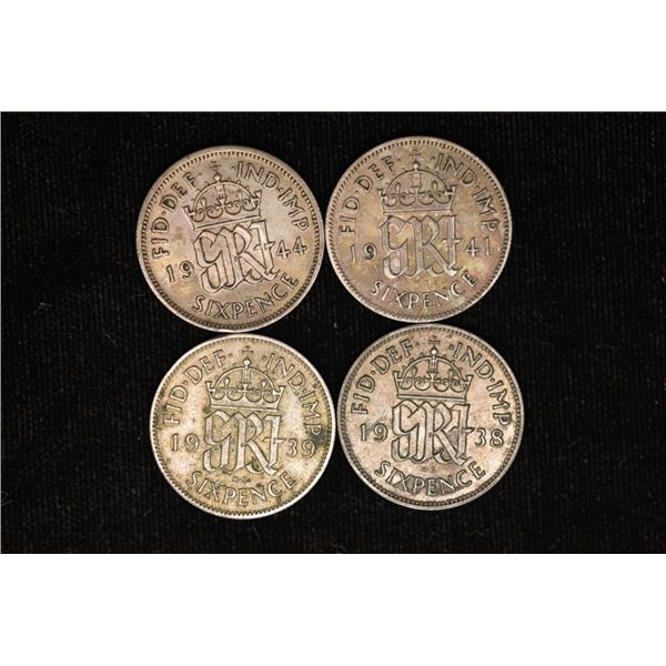 1938, 39, 41 & 1944 GREAT BRITAIN SILVER 6 PENCE