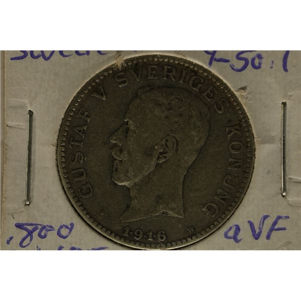 1916 SWEDEN SILVER 1 KRONA .1929 OZ. ASW