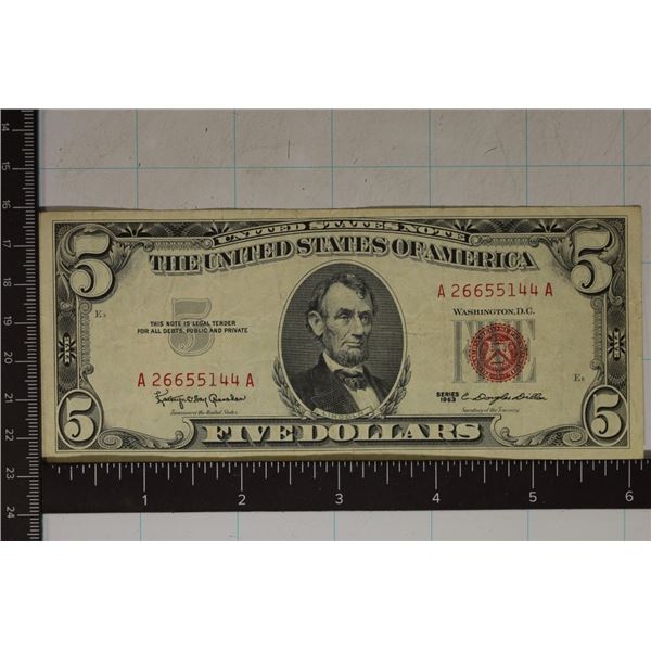 1963 US $5 RED SEAL NOTE AU