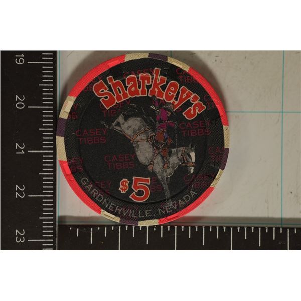$5 SHARKEY'S CASINO CHIP.  GARDENERVILLE, NEVADA
