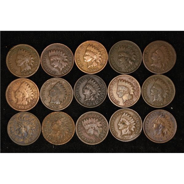 15 INDIAN HEAD CENTS: 1900-1908.  CONTAINS 1 OF