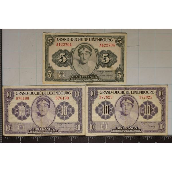 3-1944 LUXEMBOURG BILLS:1-FIVE FRANC & 2-TEN FRANC