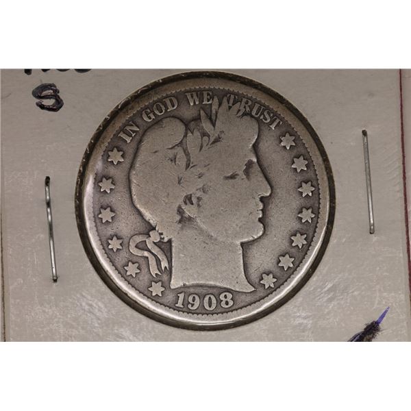 1908-S SILVER BARBER HALF DOLLAR