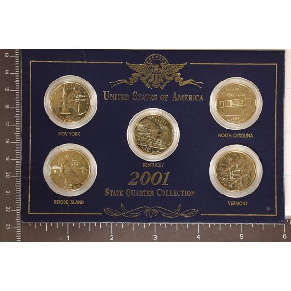 2001 GOLD PLATED US 5 COIN QUARTER SET IN BLUE