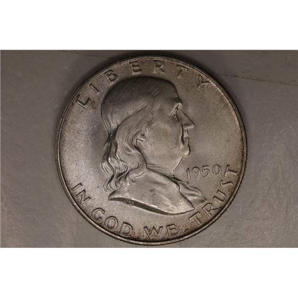 1950-D SILVER FRANKLIN HALF DOLLAR. UNC