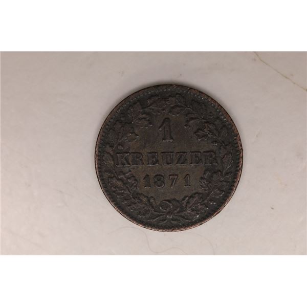 1871 GERMAN WURTTEMBERG SILVER 1 KREUZER .0044