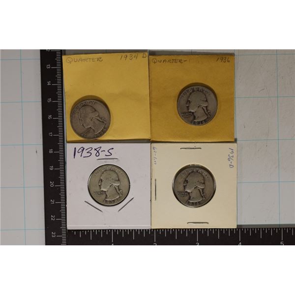 1934-D, 36,36-D &1938-S WASHINGTON SILVER QUARTERS