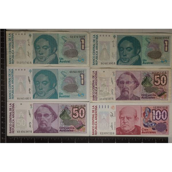 6 ARGENTINA BILLS: 3-ONE AUSTRAL(1 IS CU), 2-FIFTY