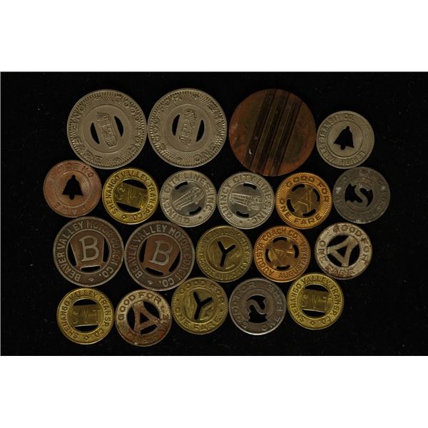 20 ASSORTED VINTAGE METAL TRANSPORTATION TOKENS: