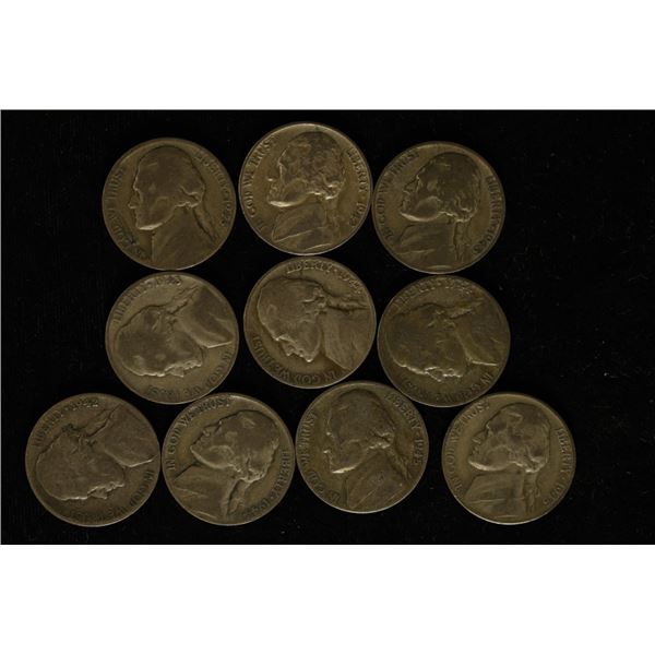 10 ASSORTED 35% SILVER JEFFERSON WAR NICKELS: 1942