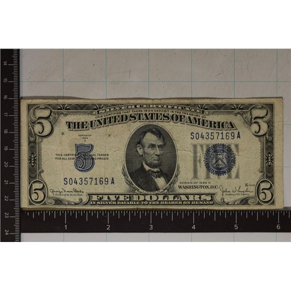 1934-D US $5 SILVER CERT, BLUE SEAL