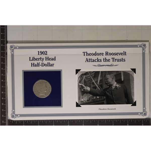 1902 SILVER BARBER HALF DOLLAR ON NICE INFO CARD