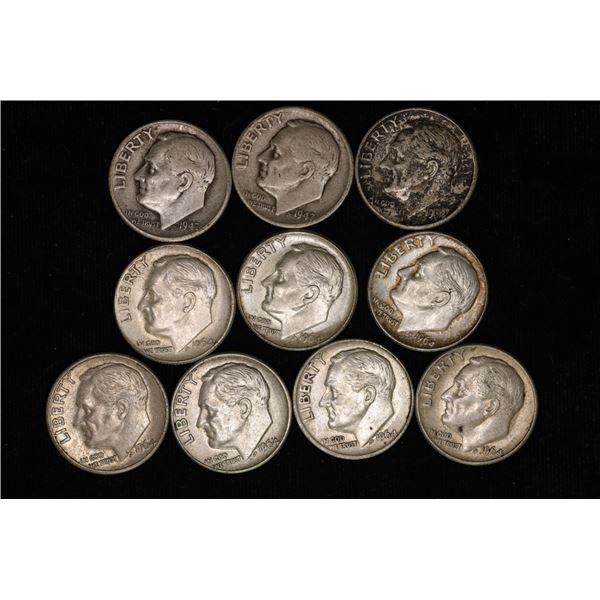 10 ROOSEVELT SILVER DIMES: 2-1947, 1-1952, 4-1964&