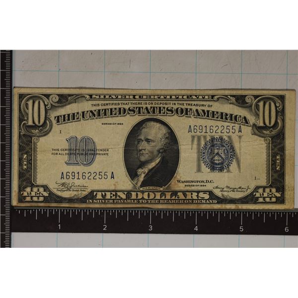 1934 US $10 SILVER CERT, BLUE SEAL