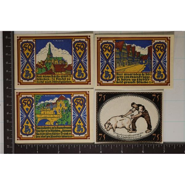 4 GERMAN CRISP UNC NOTGELDS: 3-50 PFENNING & 1-75