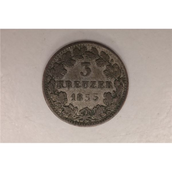 1855 GERMAN NASSAU SILVER 3 KRUEZER .0138 OZ. ASW