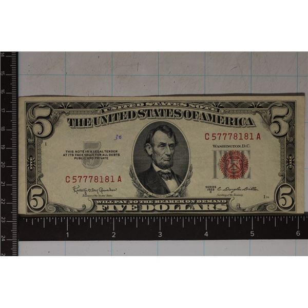 1953-C US RED SEAL $5 NOTE WITH INK "30" ON