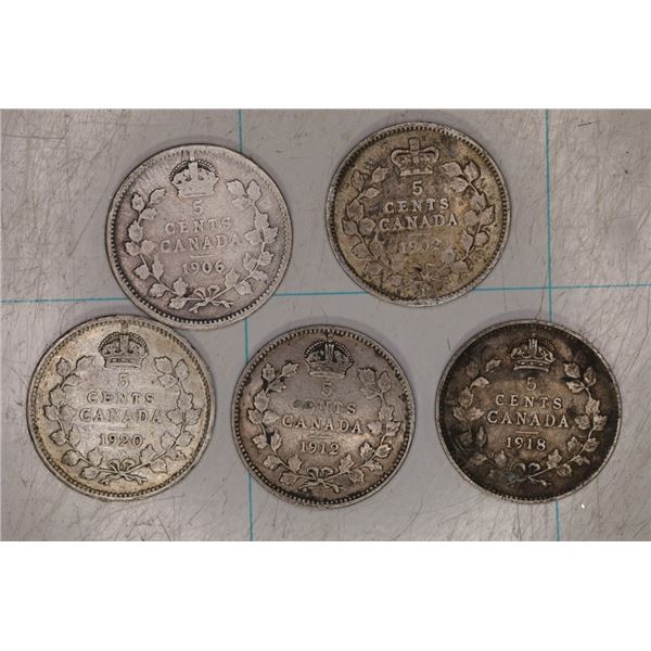 5-SILVER CANADA 5 CENTS, 1902, 1906, 1912,