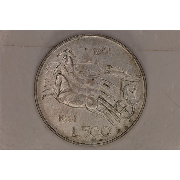 1961 ITALIAN SILVER .500 LIRE .2953 OZ. ASW