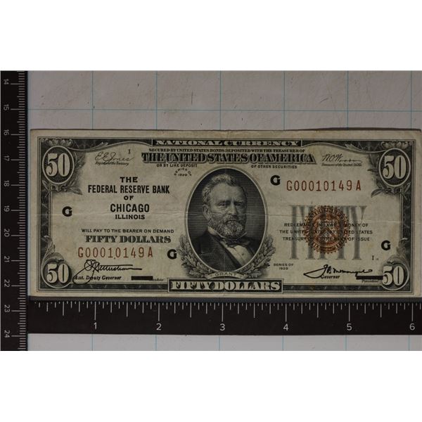 1929 US $50 NATIONAL CURRENCY BANK OF CHICAGO