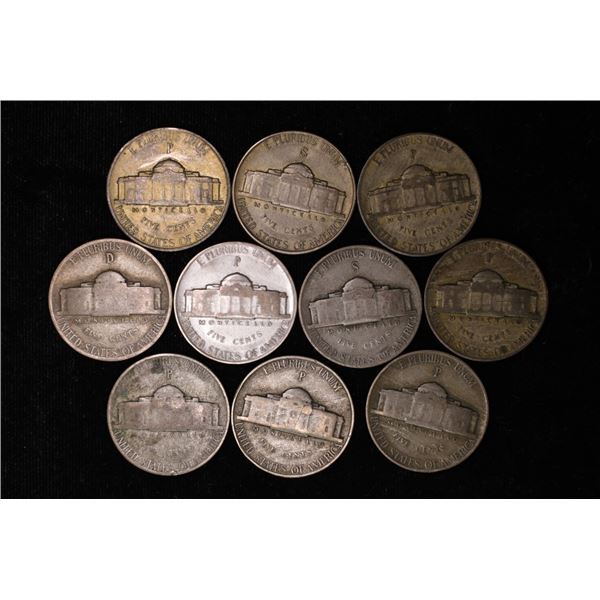 10 JEFFERSON 35% SILVER WAR NICKELS: 1942-1945