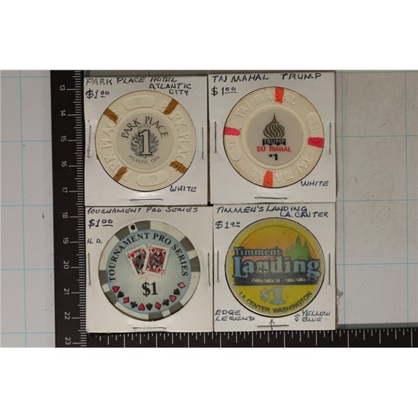 4-$1 CASINO CHIPS: PARK PLACE, TRUMP TAJ MAHAL,