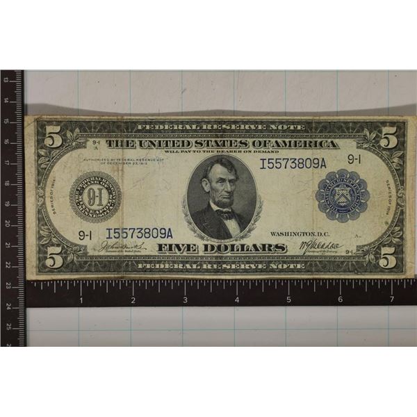 1914 US $5 LARGE SIZE FRN HORSE BLANKET BLUE SEAL