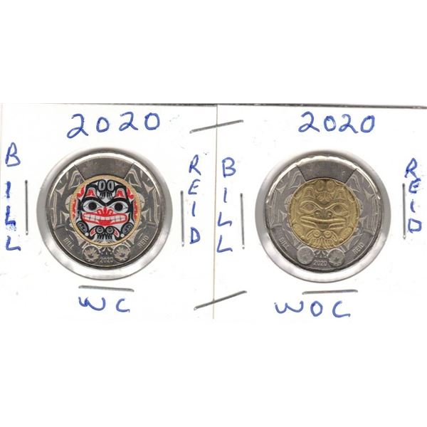 2020 Canadian Toonie, Bill Reid With Colour and Without Colour